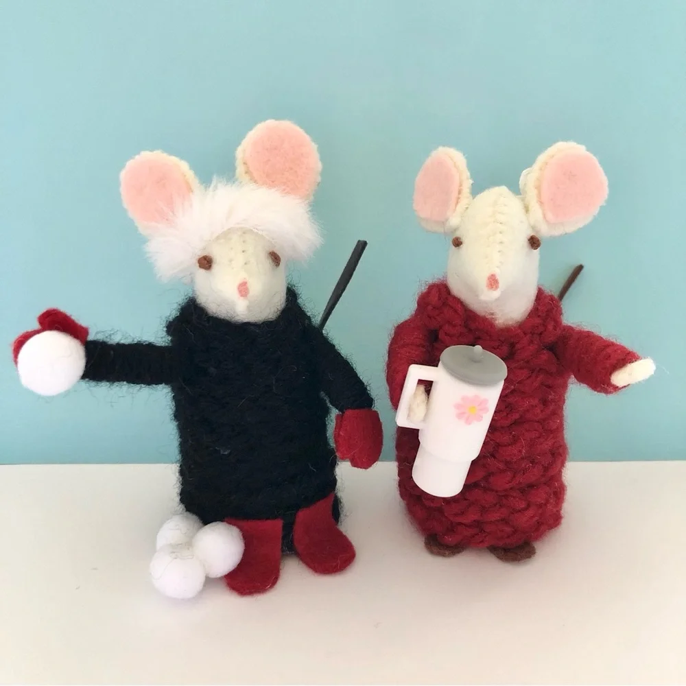 Black sweater Felt Mouse art doll Winter  handmade snowballs mittens